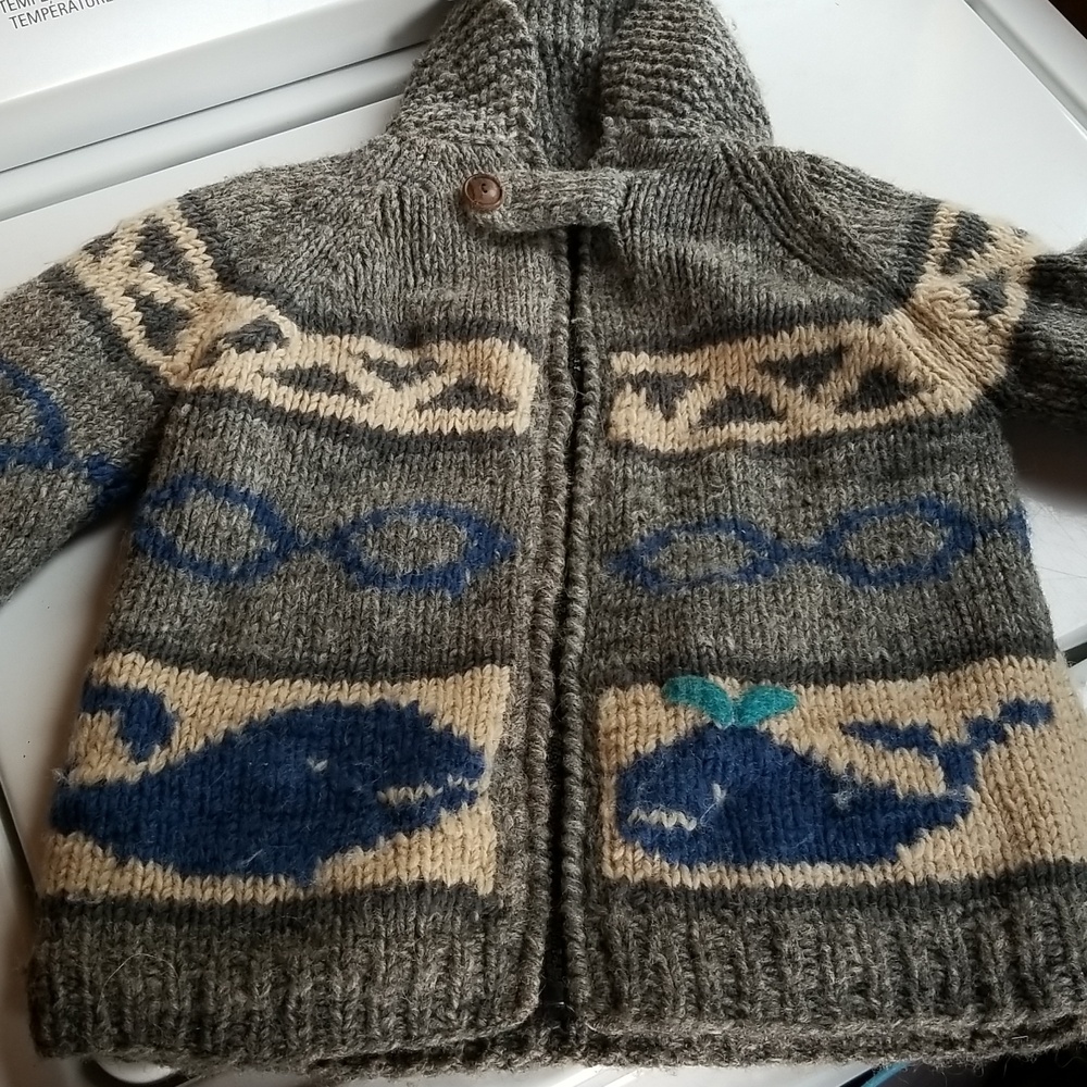 Ambler Wool Cardigan Jacket Classic Gray Wool Whale Motif Sweater - Medium
